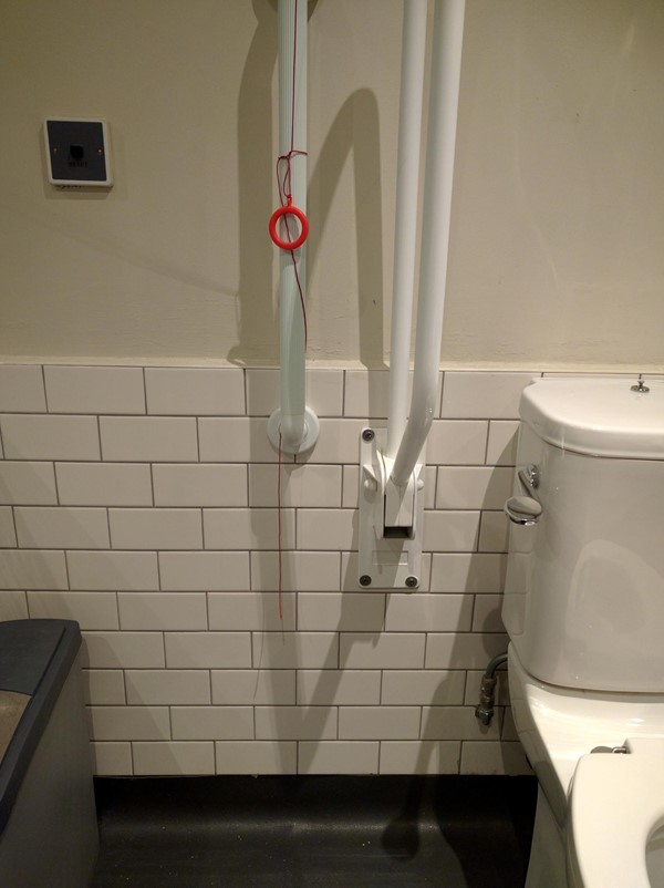 Picture of EAT, One New Change - Accessible toilet with red cord tied up out of reach around a grabrail.
