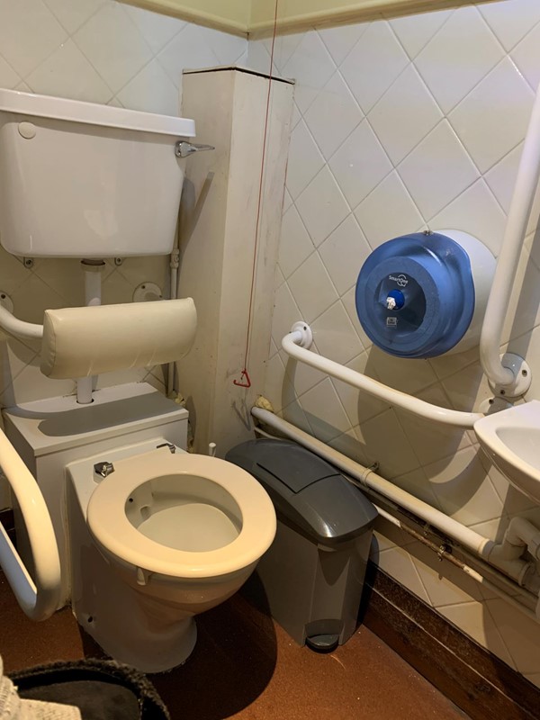 Image of toilet showing red cord too high