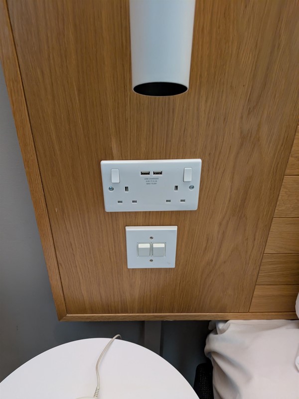 Image of three prong and usb sockets in the accessible room