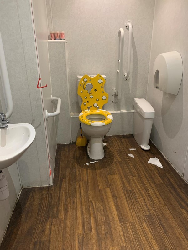 View of toilet from door showing massive space, handrails, red cord and toilet.