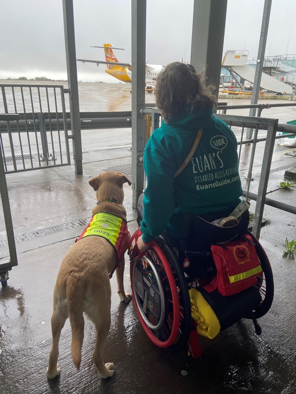 Image of a wheelchair user and assistance dog at Bristol Airport
