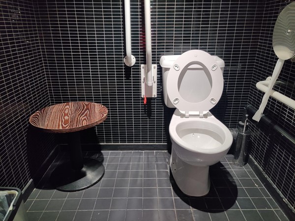 Accessible toilet cubicle, with a table obstructing the wheelchair transfer area and a red emergency cord much too short