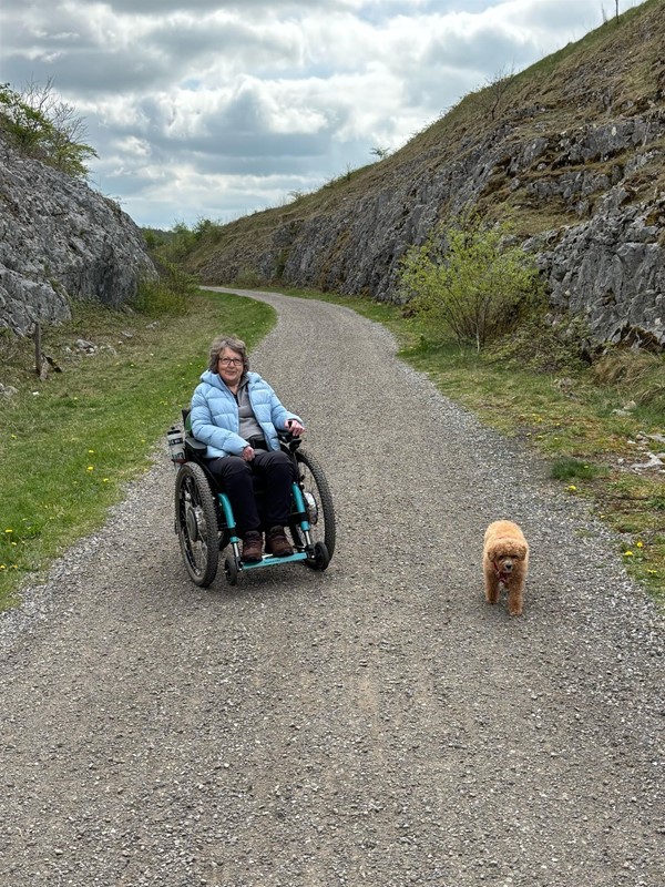 Image of person and a dog on a pathway