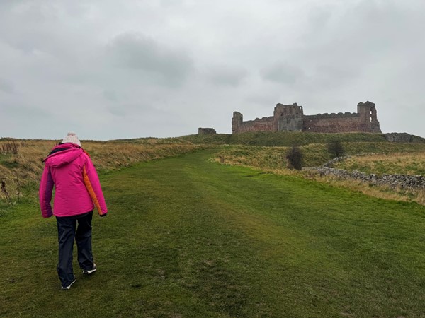 Grass path from visitor reception to castle ruin