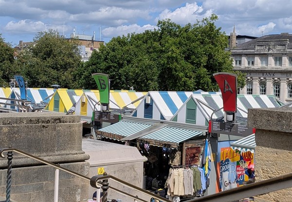 Image of Norwich market roofs and lettered pathways