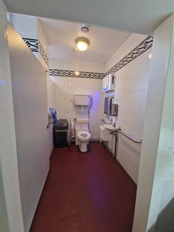 A wider view of the accessible toilet showing three grab rails on the right-hand wall and a clearer picture of the available floor space.