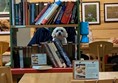 Dog looking through a bookcase