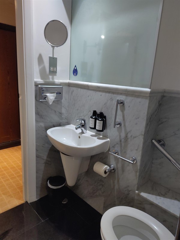 Small sink in corner inside bathroom door. Probably hard to reach from sitting on the toilet.