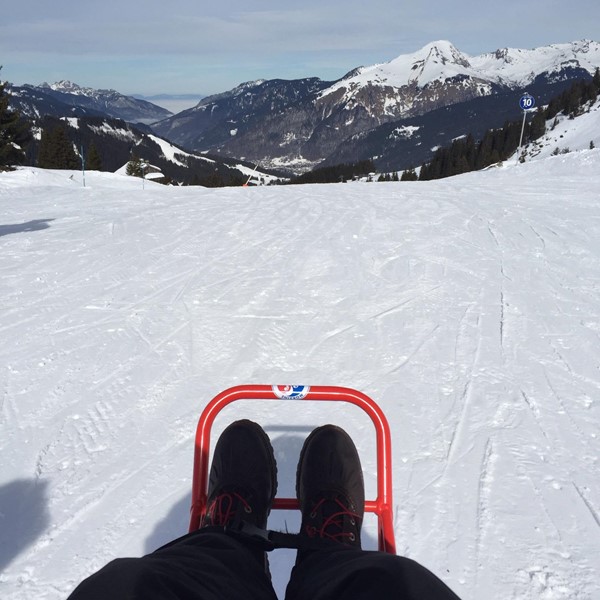 Skiing in a sit-ski. On top of the world on the slopes by the hotel