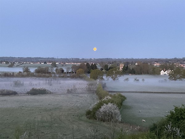 Image of the sun rising over a misty field