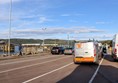 Queuing in lanes at the ferry port.