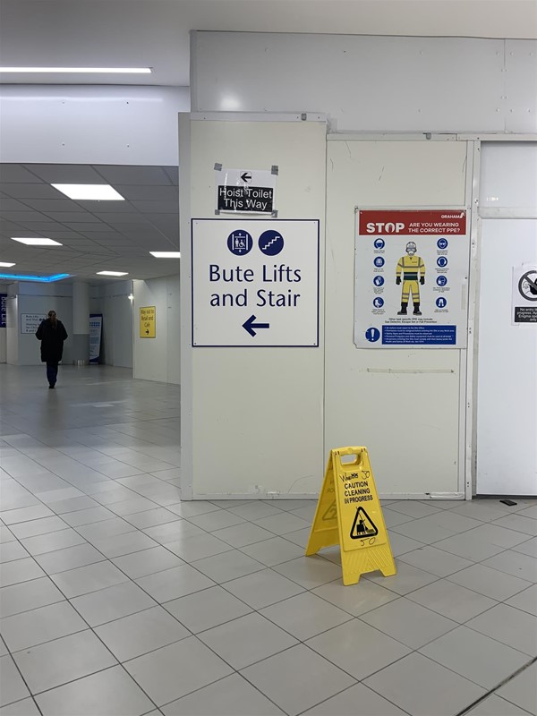 image of a sign pointing to the left reading “Hoist Toilet This Way”