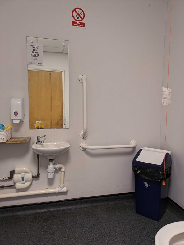 Image of a toilet with a sink and a trash can