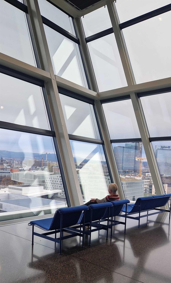 Image of seating area with view across Oslo