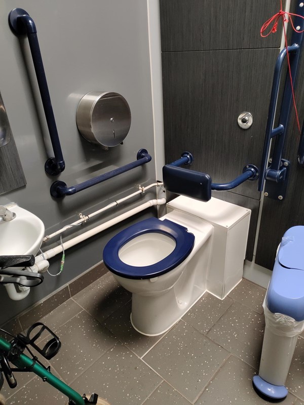 Accessible toilet with tied up red cord