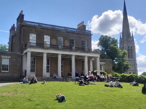 Clissold House, now a cafe, with the Old Church in the background