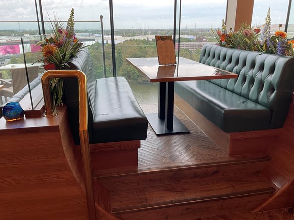 Take the lift from ground floor just by customers services up to fifth floor and enter the SKY BAR which is a very attractive and well spaced out area. There are seating places with a number of places a wheelchair can be placed.