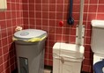 Image of the red cord hanging on the right side of the toilet. There is a small sign on the wall that reads "Please pull cord for assistance"