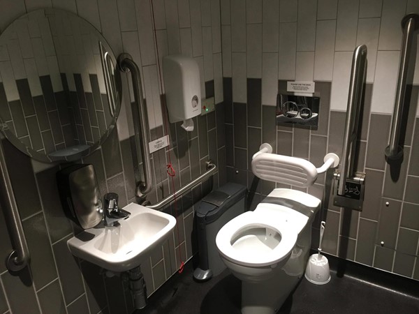 Image of the accessible toilet showing the sink and the toilet.