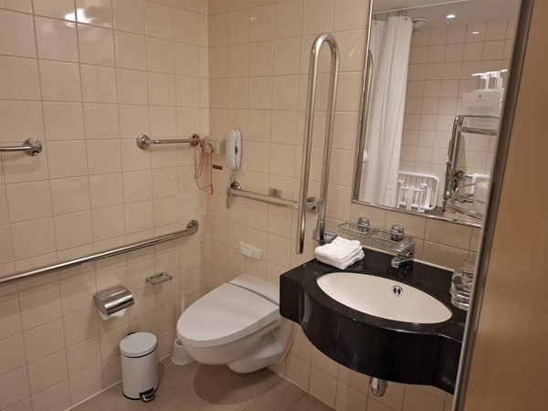 Fixed sink and hand rails for toilet use but not a transfer to toilet space