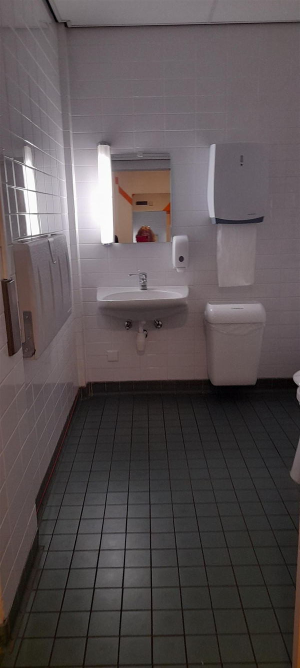 Image of a sink. a bin and a towel dispenser