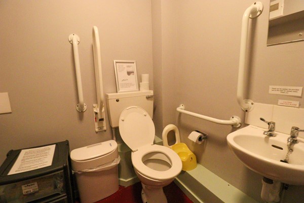 Accessible toilet with grab rails. The seat is a little loose and there are bins taking up what little space there is.