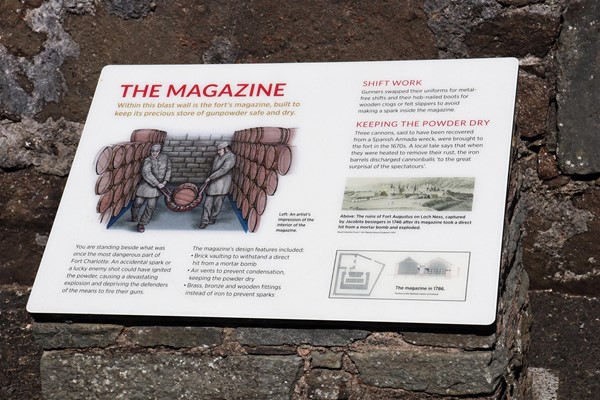 Information board about the Magazine, which is down some steps.