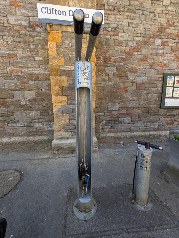 Image of bike repair and air kit on the platform