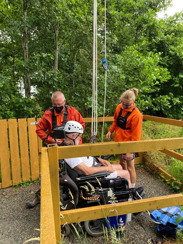 Before being winched upto the tower platform. My wheelchair was returned to the finish by staff.