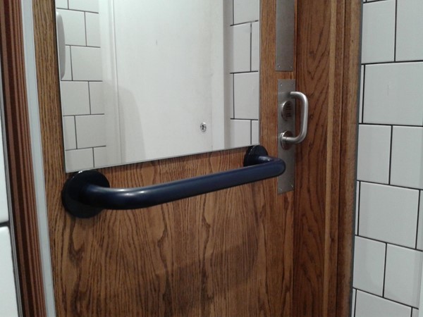 The only grab rail is behind the door and not in reach of the toilet or sink