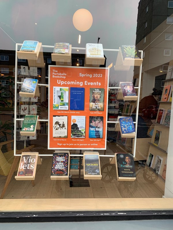 Portobello Books window display showing upcoming events