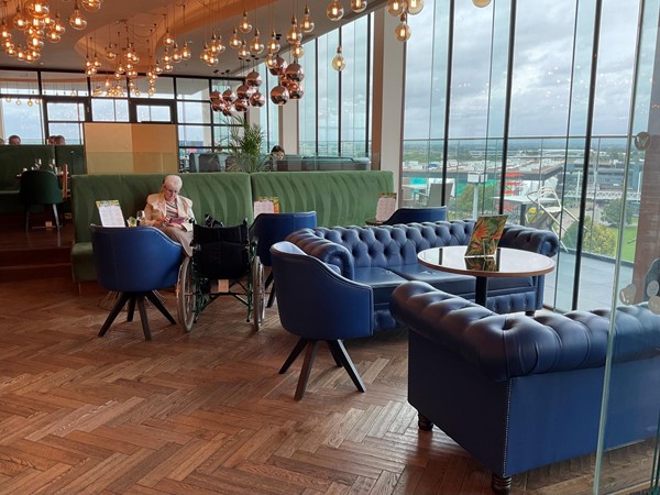 Take the lift from ground floor just by customers services up to fifth floor and enter the SKY BAR which is a very attractive and well spaced out area. There are seating places with a number of places a wheelchair can be placed.