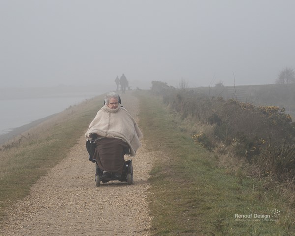 Misty Morning on the sea wall in my power chair