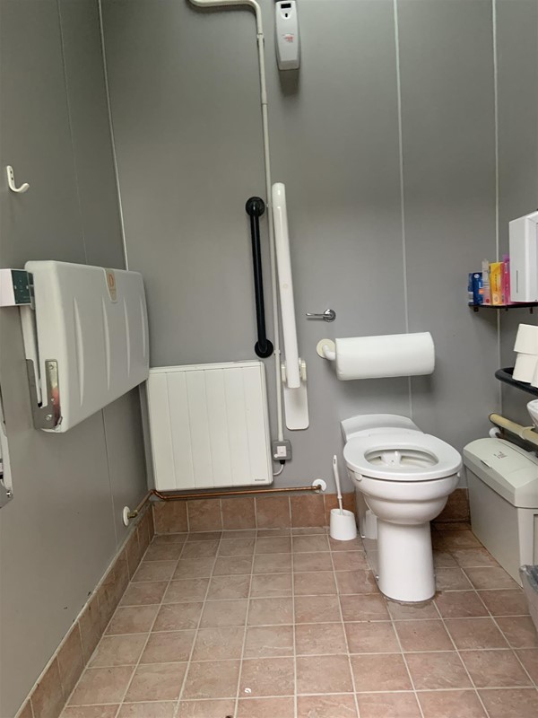 Image of an accessible toilet with a grabrail