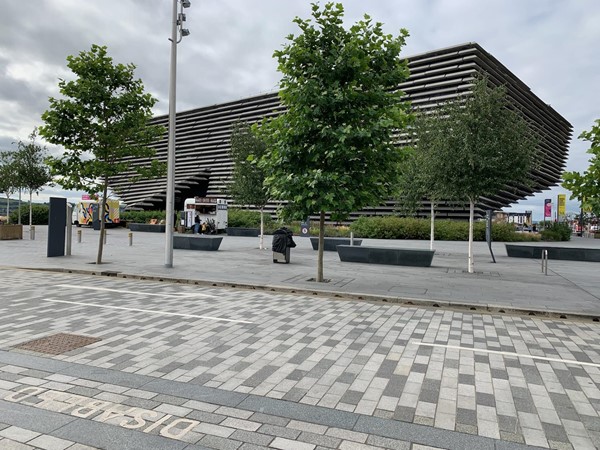 The view from the accessible parking area as you look across to the ship like shape of the V & A Dundee building