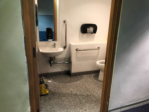 Photo of the accessible toilet showing grab rails and sink and toilet.