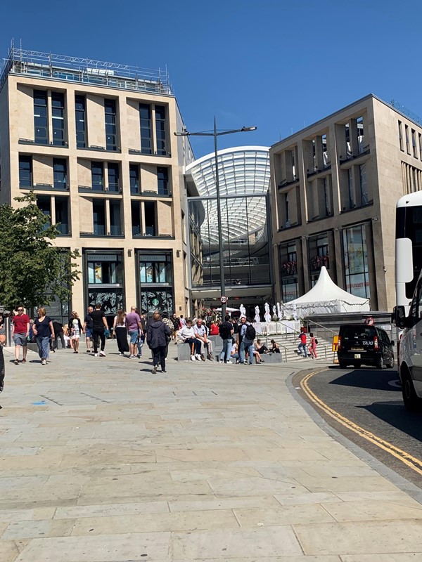 Outside the St. James Centre in the sunshine