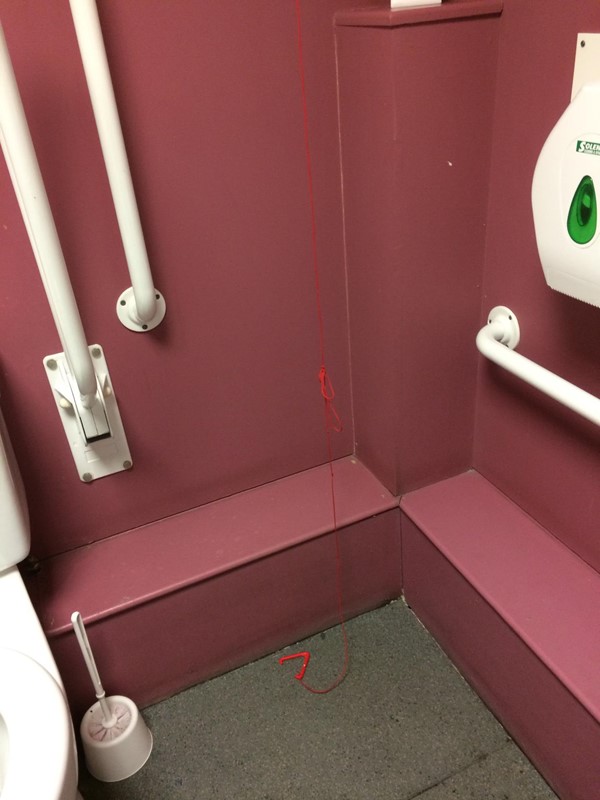 Freely hanging accessible emergency red cord.