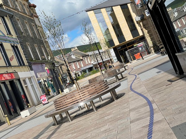 Galashiels town centre and the blue wavy line set in the pavement leading to the Great tapestry building
