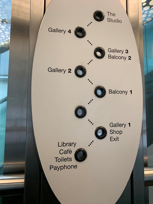 Sign in lift that describes each floor/gallery