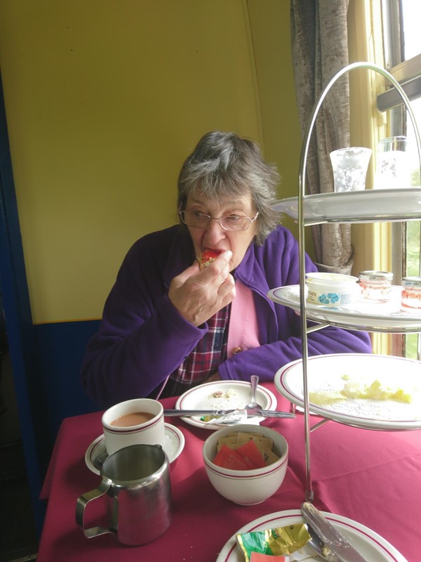 Enjoying afternoon tea on Embsay Steam Railway.