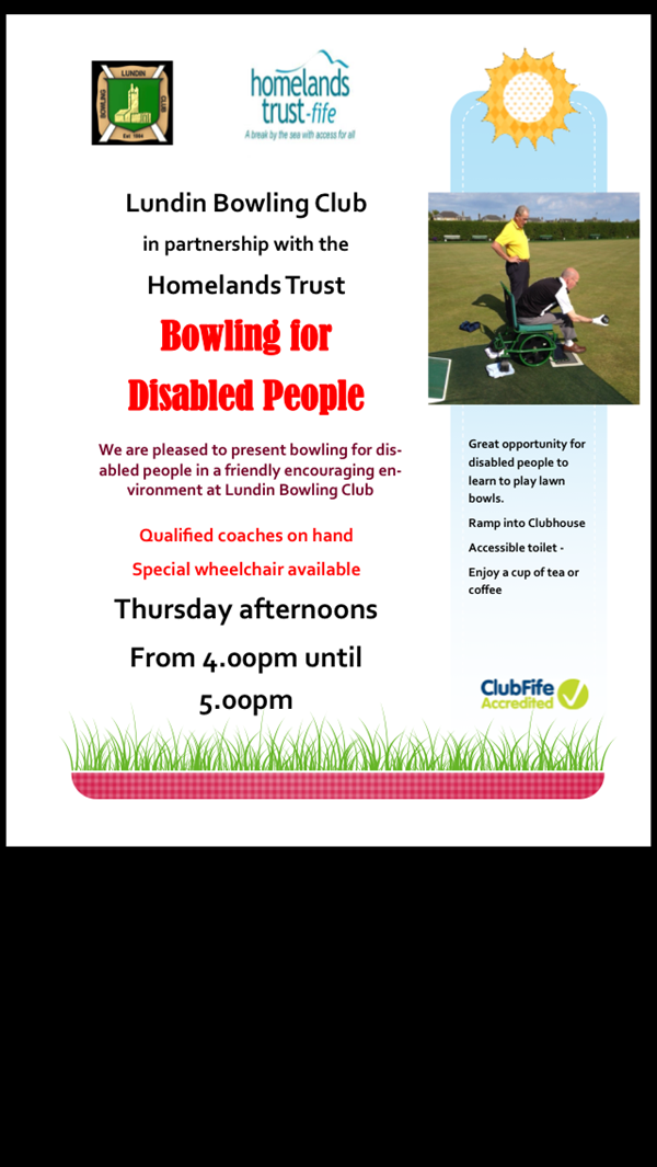 Flyer showing bowling for disabled people on Thursdays 4pm to 5pm.