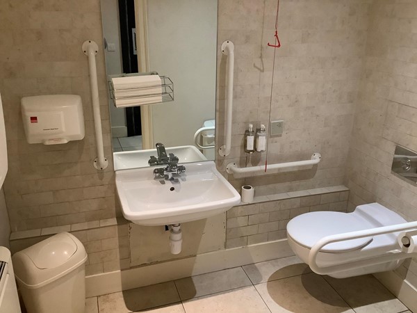 which is clean and tidy, with grab bars and pull cord