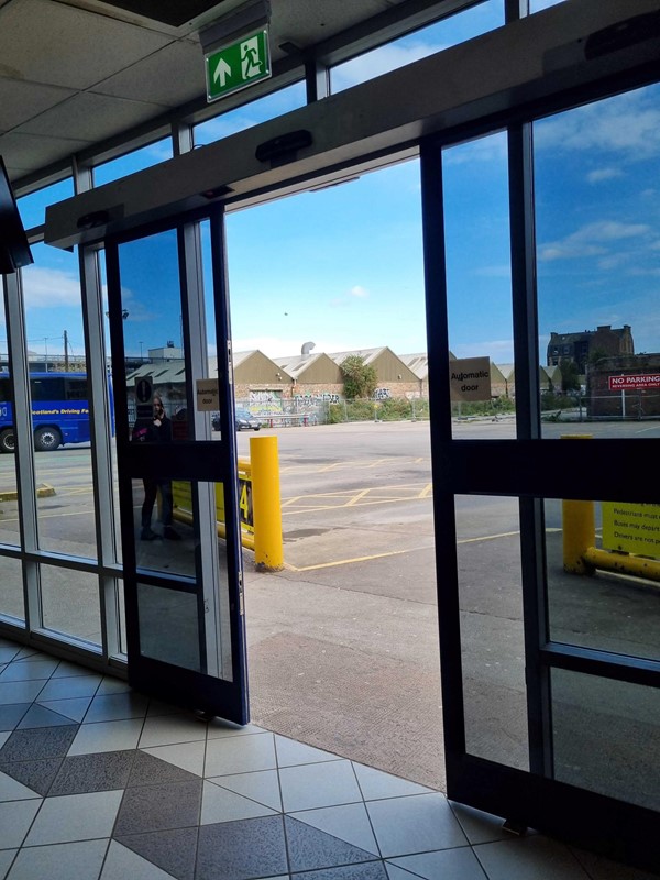 Automatic doors out to the bus bays.