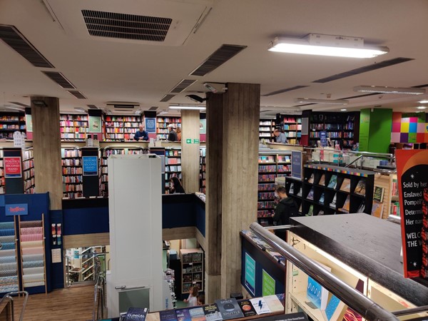 The interior of the bookshop, seen from the upper level