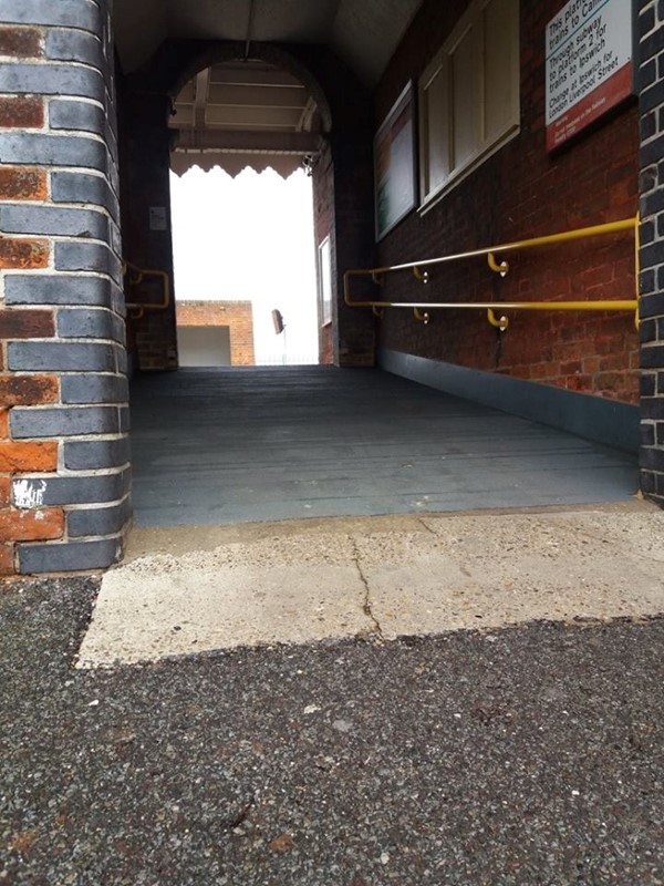 Current ramp at Needham station, providing access to both platforms. 1-in-7 gradient - well above the 1-in-12 required for building regulations and reasonable wheelchair access.