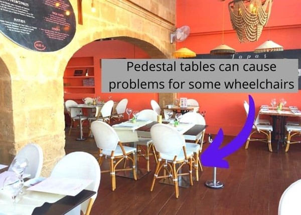 Some tables make it difficult for some wheelchair users to get close to tables.