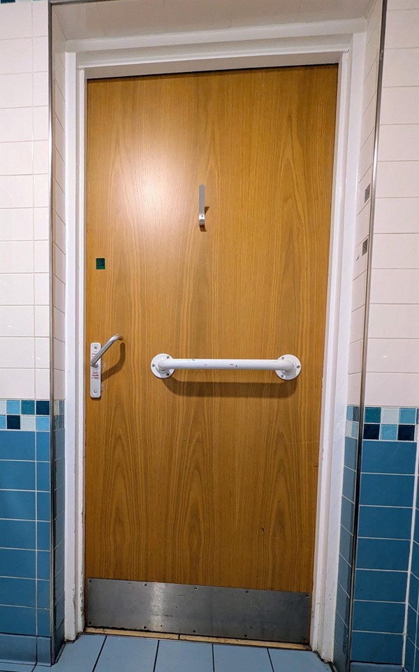 Image of small accessible toilet door from the inside