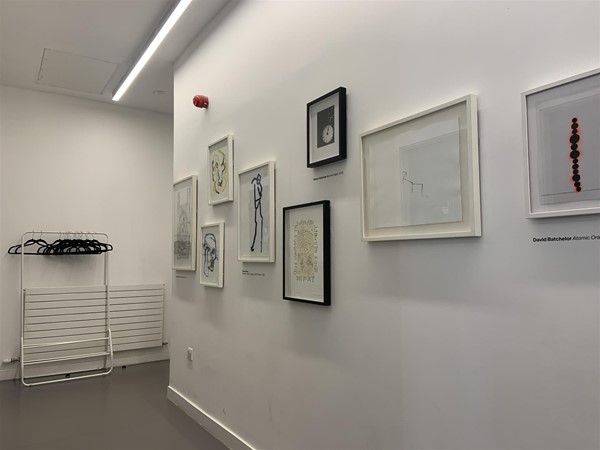image of a corridor wall with framed art and a clothesrail off to the side