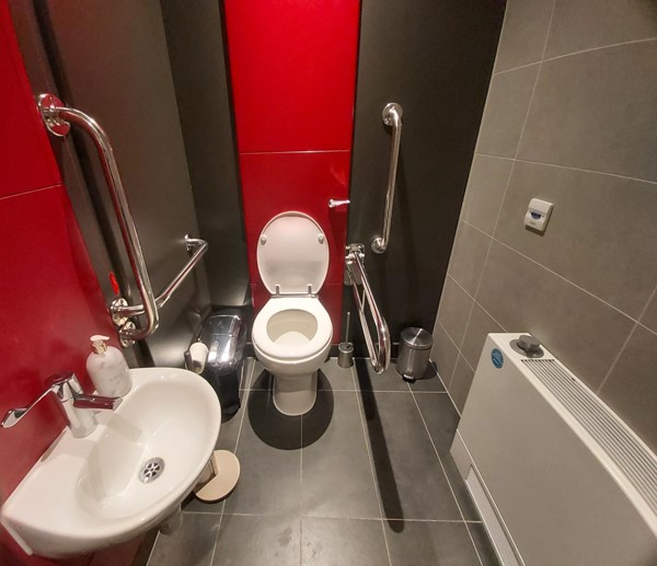 A wider image of the accessible toilet.